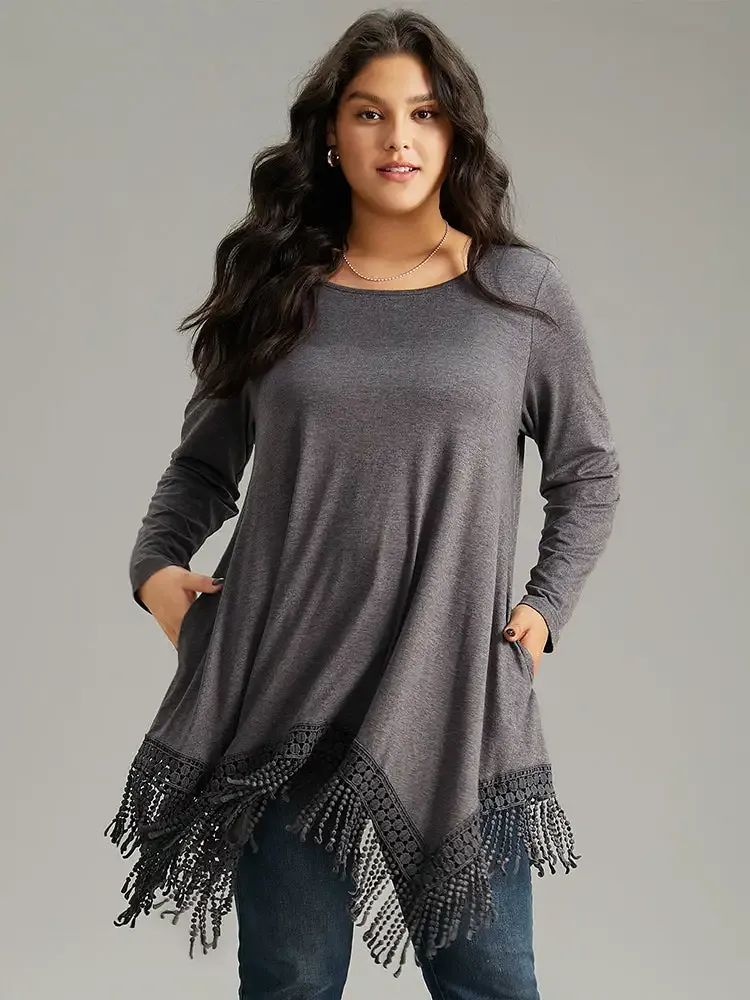 Solid Tassels Trim Pocket Asymmetrical Hem T-Shirt