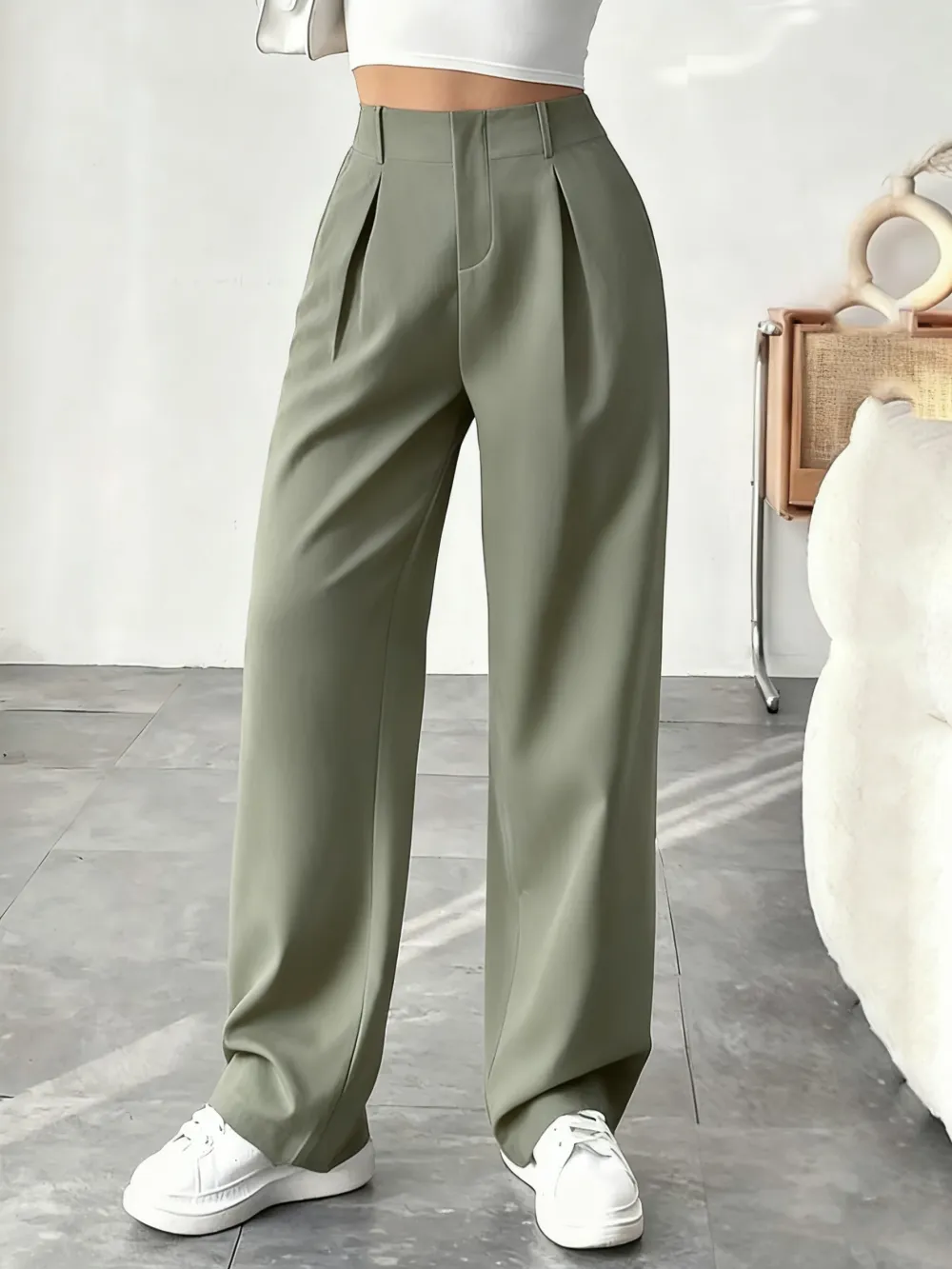 Women's Solid Wide Leg Pants: Pleated Pocket, Zipper Fly (Work/Office, Spring/Fall)