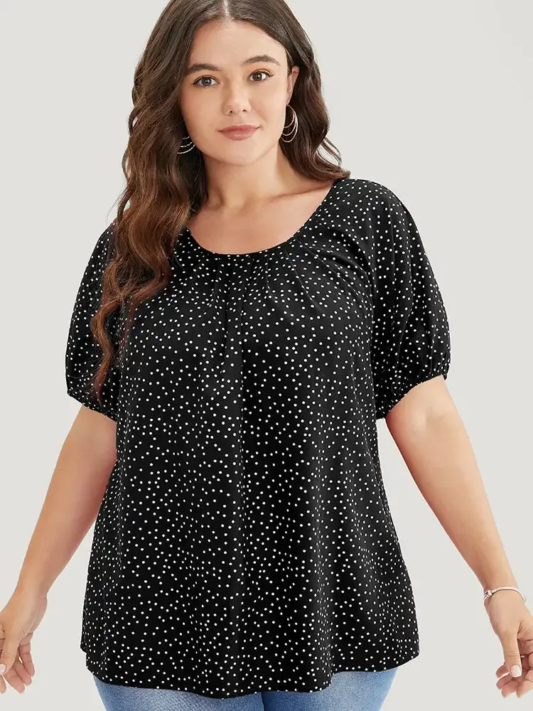 Polka Dot Pleated Round Neck Puff Sleeve Blouse