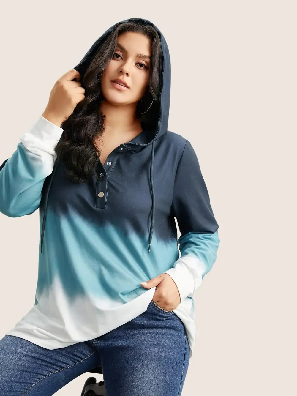 Tie Dye Button Up Hooded Drawstring Sweatshirt