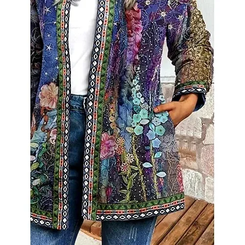 Women's Casual Lightweight Coat Open Front Work Print Geometric Comfortable Boho Vintage Regular Fit Long Sleeve With Pocket Outerwear Long Sleeve Fall Lake blue S