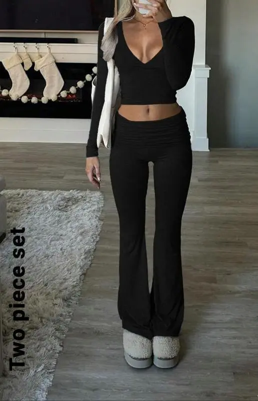 Fall/Winter Elegant 2-Piece Set: Slim-Fit V-Neck Long Sleeve Crop Top & Plain Pants