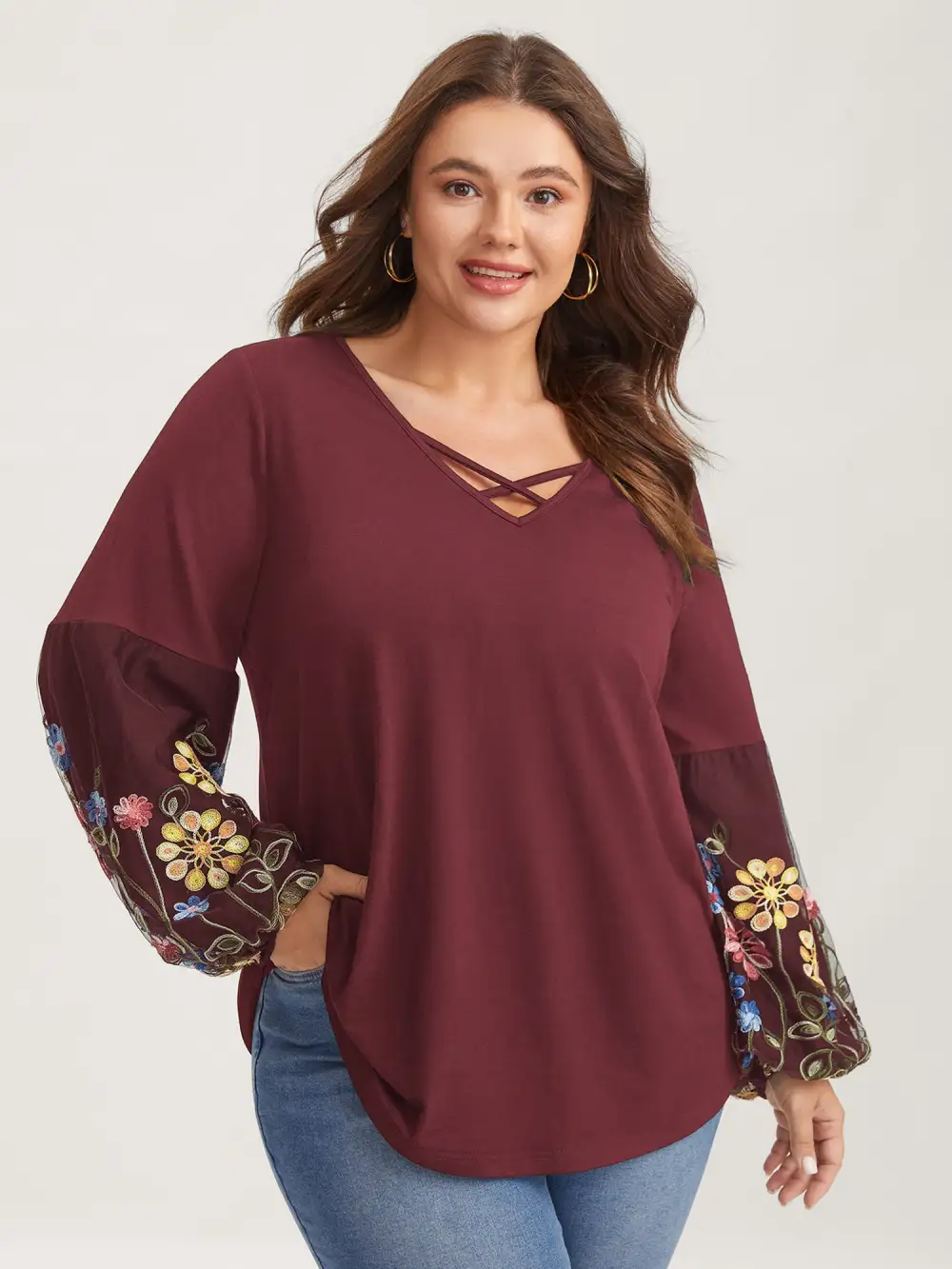 Floral Embroidered Sleeve Neck Tie-Up T-Shirt