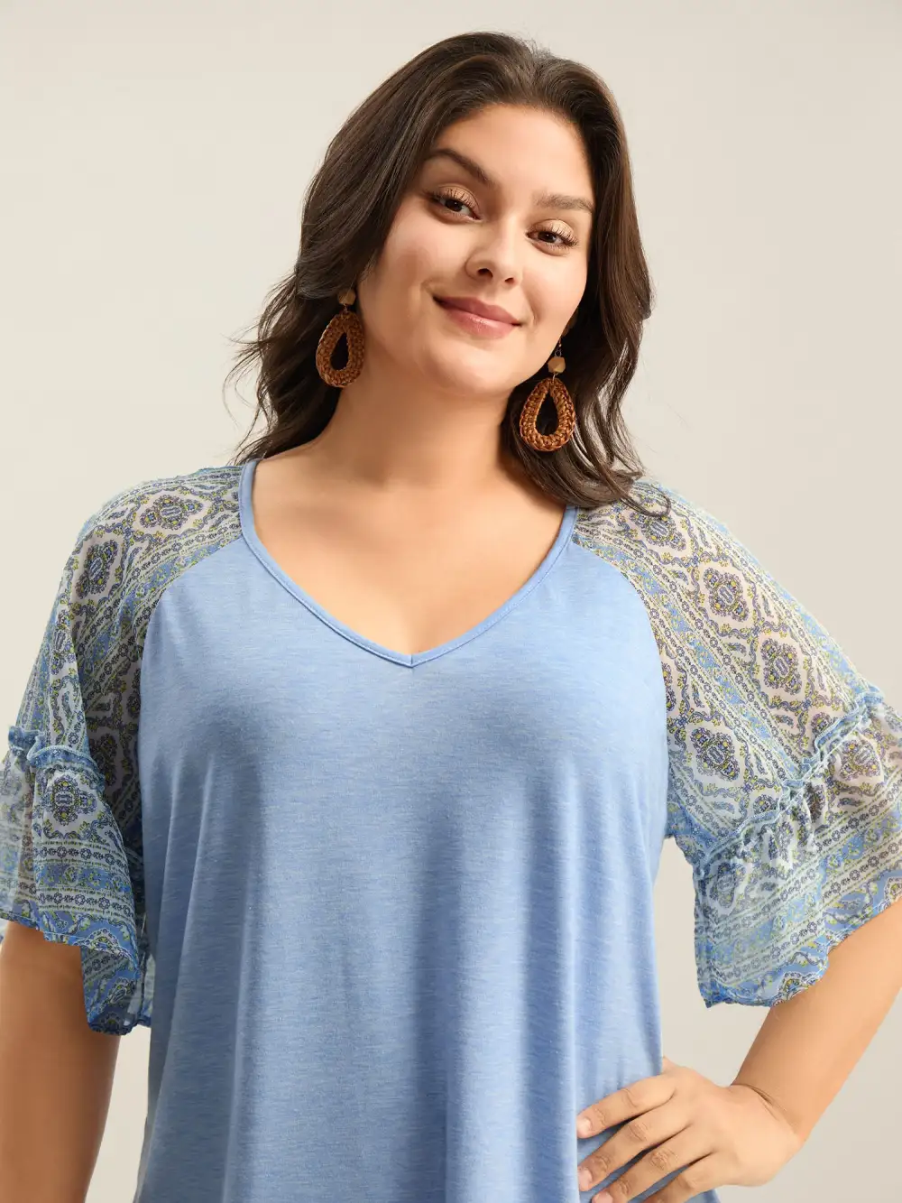 Boho Print Patchwork Raglan Sleeve T-shirt