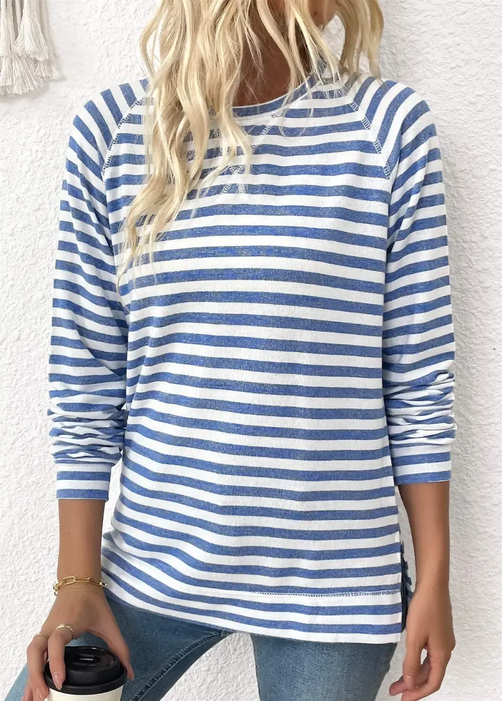 Light Blue Striped Long Sleeve Round Neck T Shirt