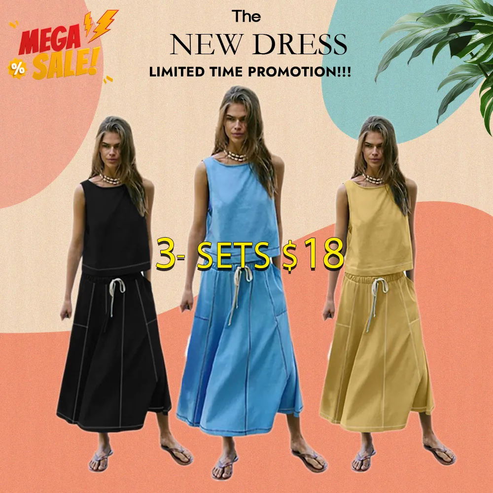 Women's Two-Piece Summer Skirt Set – Sleeveless Crop Top & Elastic Waist Maxi Skirt with Pockets