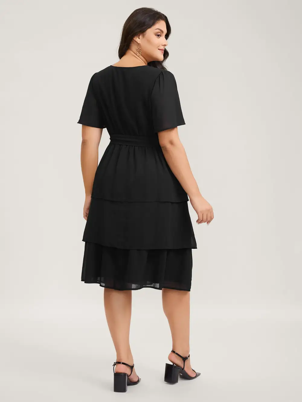 Sheer Chiffon Layered Skirt Belted Midi Dress