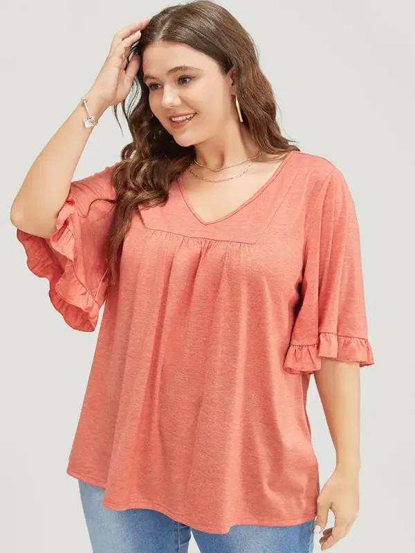 Solid Gathered Ruffle Trim Flounce Sleeve T-shirt