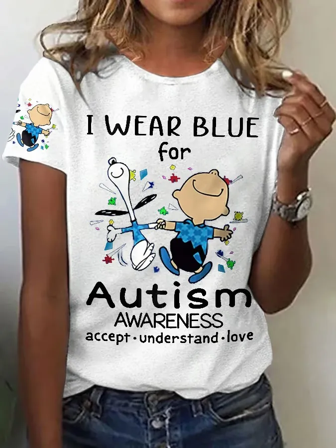 Women'S T-Shirt Retro Autism Awareness I Wear Autism Printed T-Shirt Pure Cotton Round Neck Short Sleeve