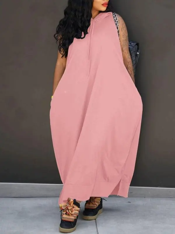 Women's Hooded Tank Maxi Dress – Sleeveless, Drawstring Waist, Pockets, Casual Summer Style