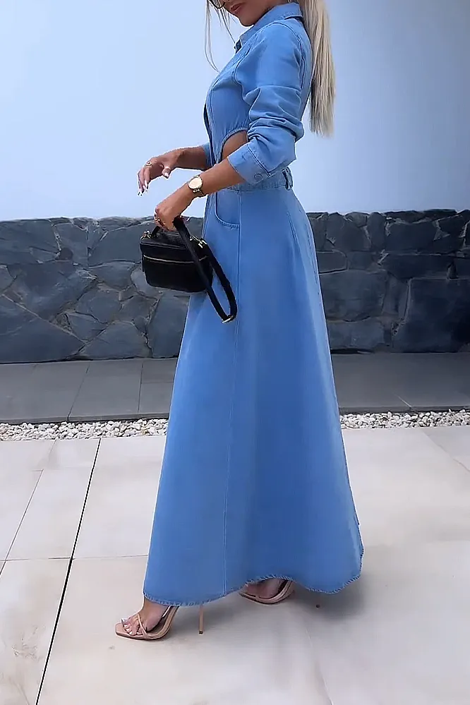 V-neck denim hollow waist design dress