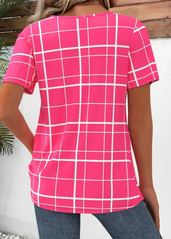 Hot Pink Plaid Short Sleeve Split Neck Shirt