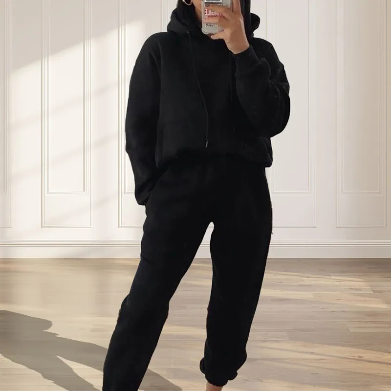 Fashion simple hooded solid color sports suit