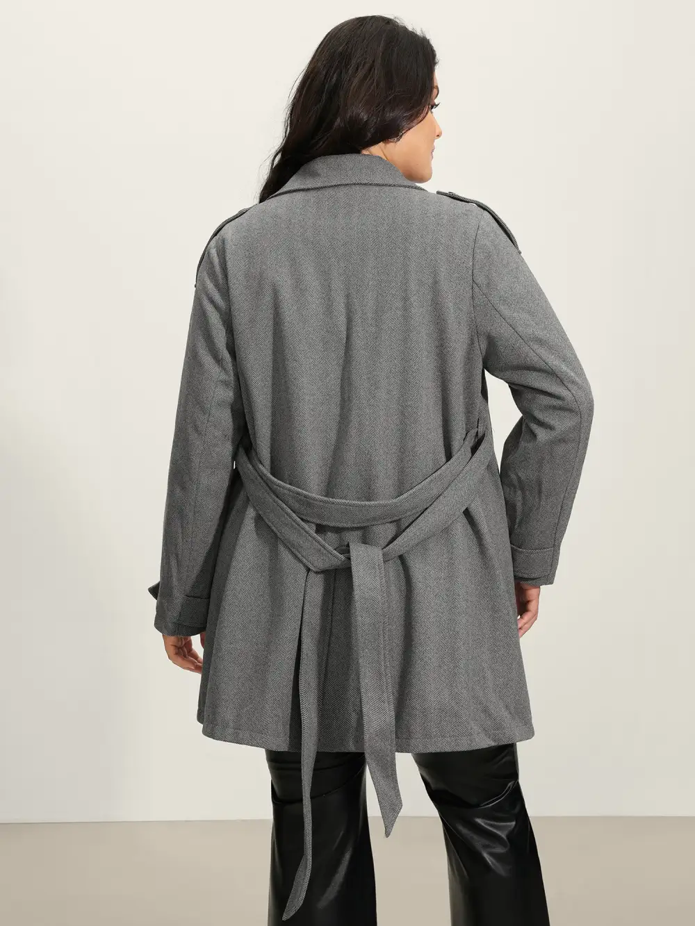 Herringbone Button Belted Lined Coat