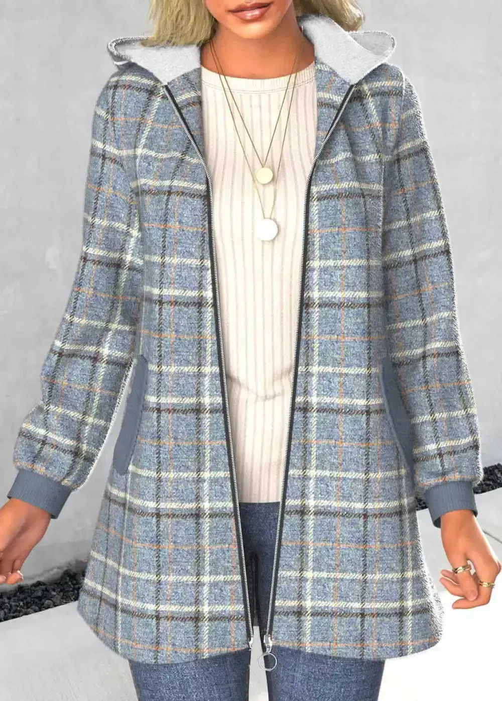 Dusty Blue Zipper Plaid Long Sleeve Hooded Coat