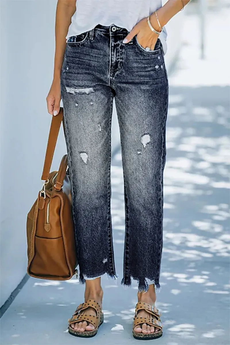 Ripped Raw Hem Zip Fly Jeans