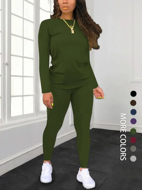 Women's Solid Long Sleeve Top & Pants Set – Minimalist, Casual, Comfy Outfit for Daily Wear.