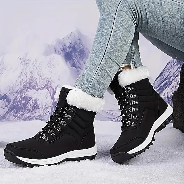 Women's Boots Snow Boots Plus Size Daily Fleece Lined Booties Ankle Boots Winter Flat Heel Round Toe Casual Comfort PU Elastic Band Solid Color Wine Black White