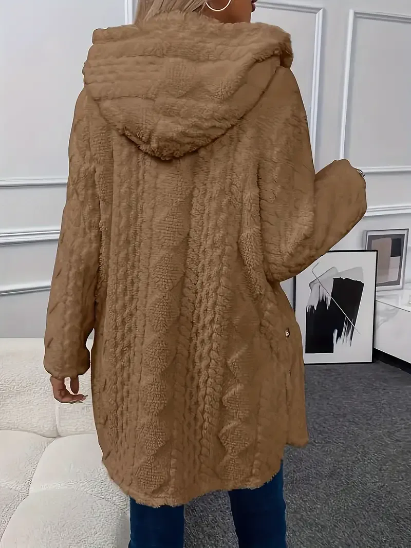 Luxurious Faux Fur Teddy Coat - Elegant Long Sleeve Split Side Hooded Outwear for Women - Soft, Warm, and Chic Winter Clothing