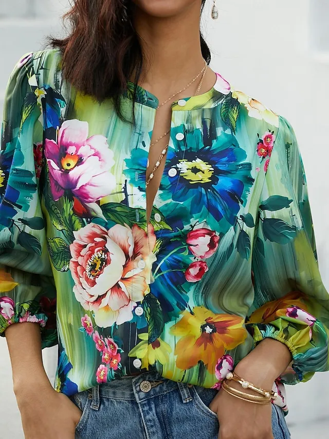 Women's Shirt Blouse Floral Button Print Casual Holiday Daily Basic Long Sleeve V Neck Blue Fall & Winter