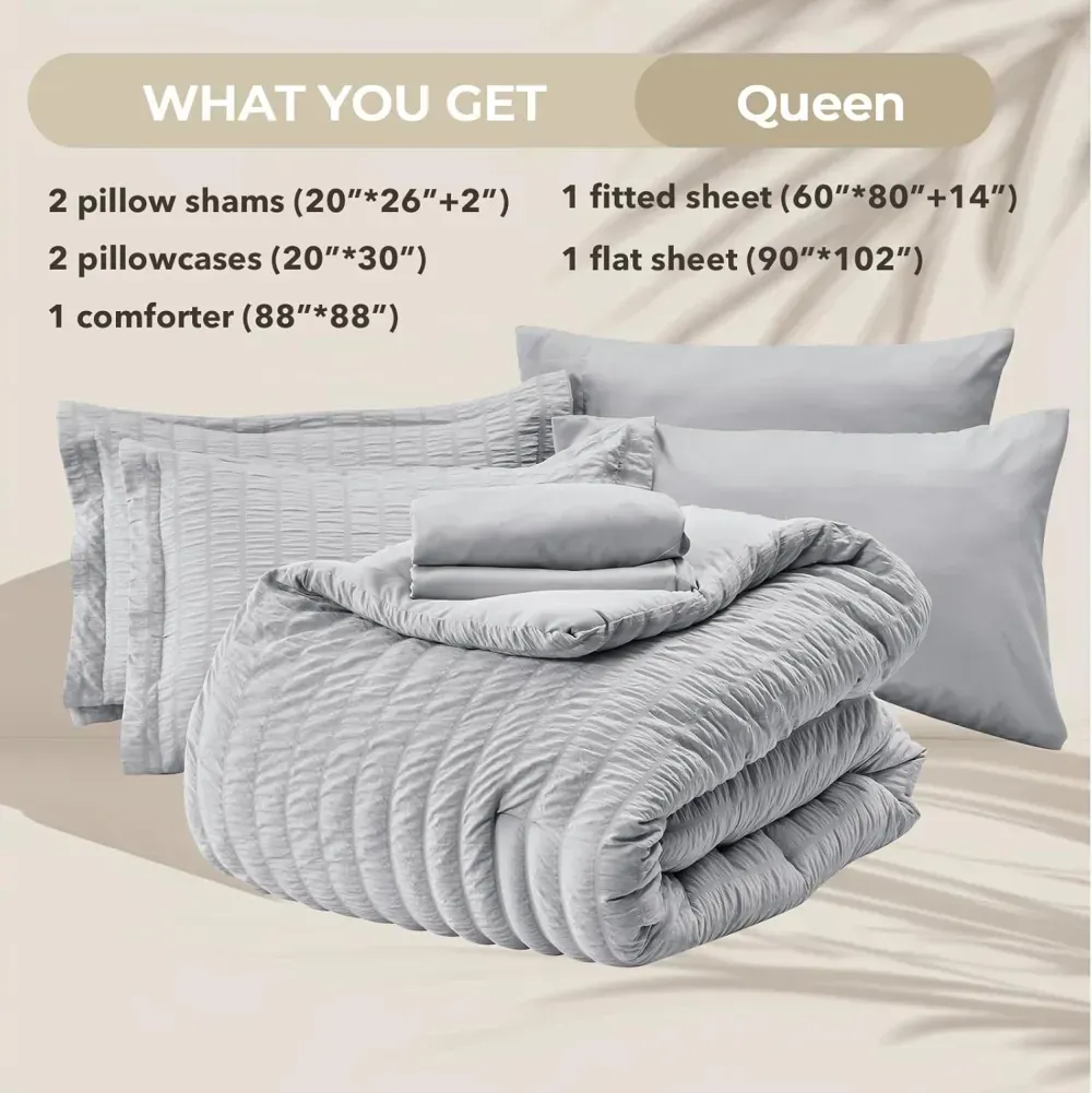 Queen Comforter Set Seersucker 7 Pieces, All Season Luxury Bed in a Bag for Bedroom, Bedding Set with Comforters, Sheets, Pillowcases & Shams, Dark Grey