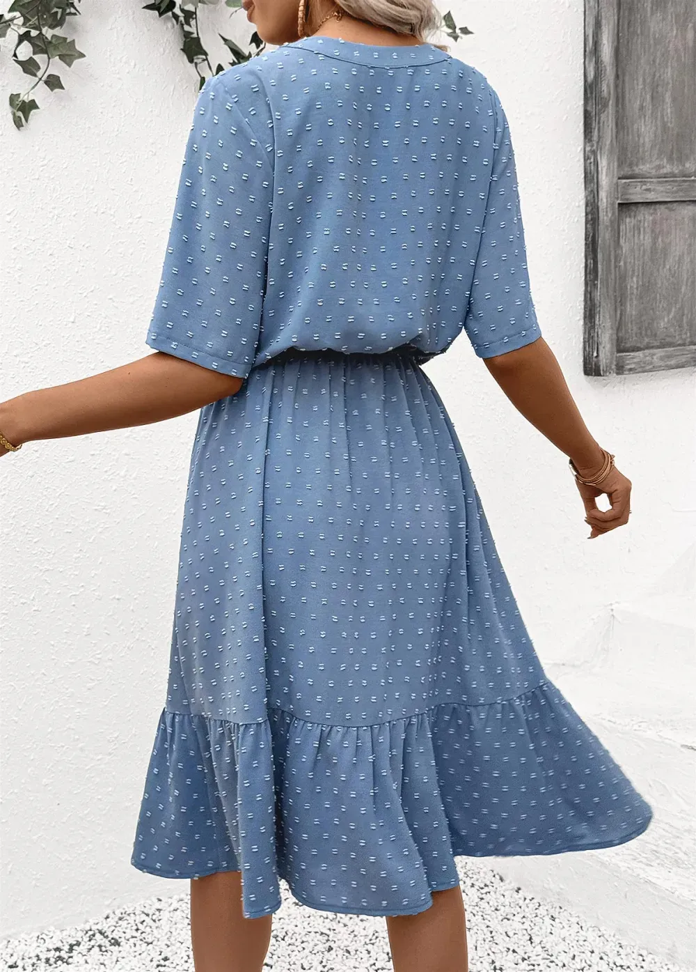 Dusty Blue Polka Dot Short Sleeve Split Neck Dress