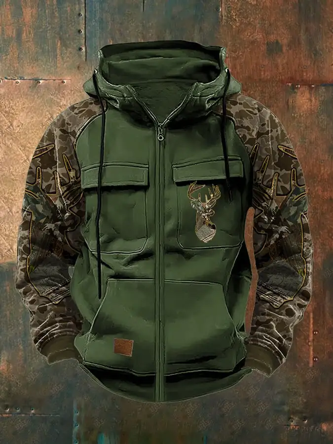 Men's Retro Casual Camouflage Elk Contrast Color Jacket