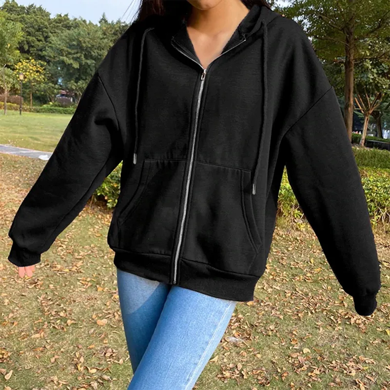 Casual Solid Color Hooded Zipper Hoodie