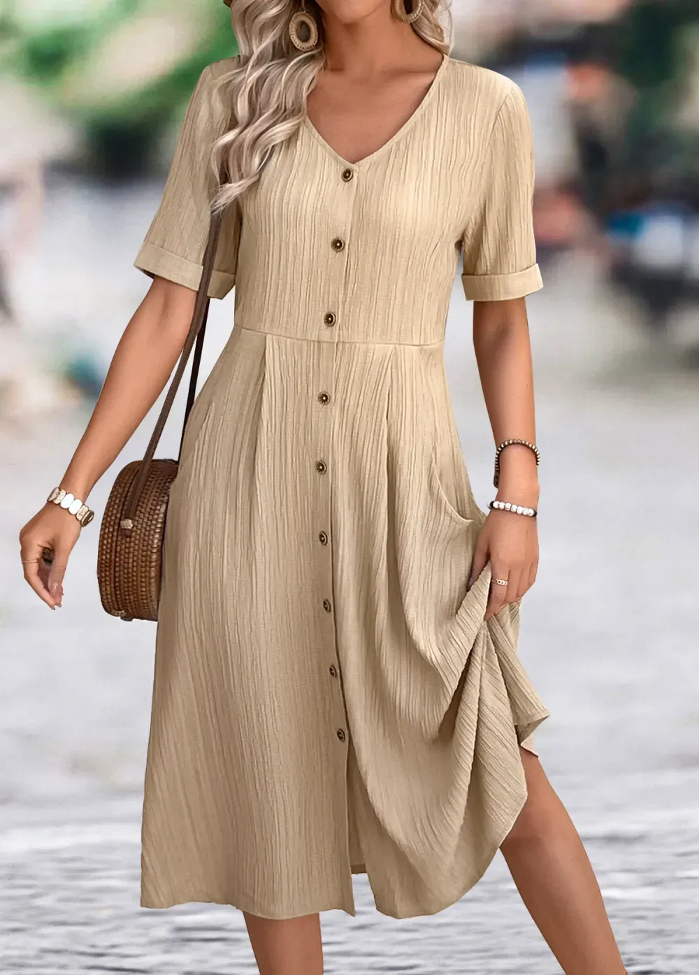 Light Coffee A Line Short Sleeve V Neck Dress