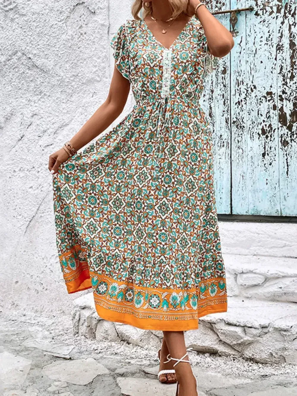 Women Floral V Neck Short Sleeve Comfy Casual Midi Dress