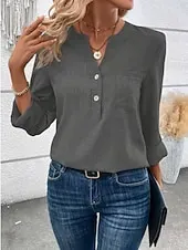 Women's Shirt Solid Color Stylish Casual Long Sleeve V Neck Regular Tops Daily Buttons Red Blue Gray Summer Spring Fall