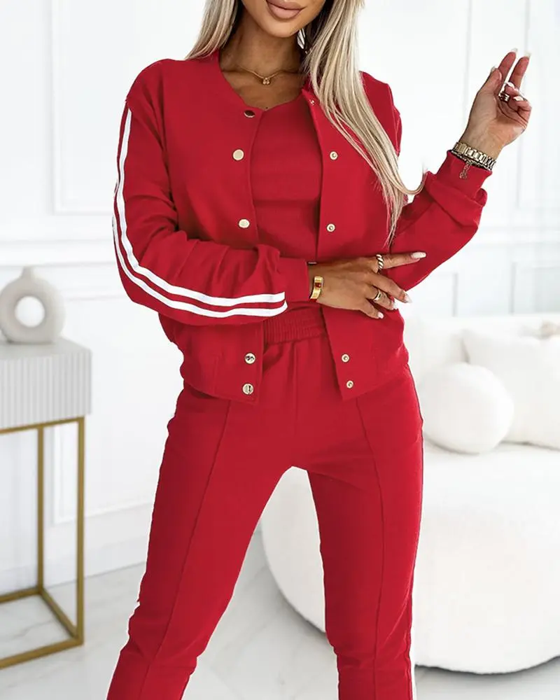 3 Piece Outfits Matching Sets Striped Tape Patch Tank Tops Button Front Jacket Cuffed Pants with Pockets Tracksuit