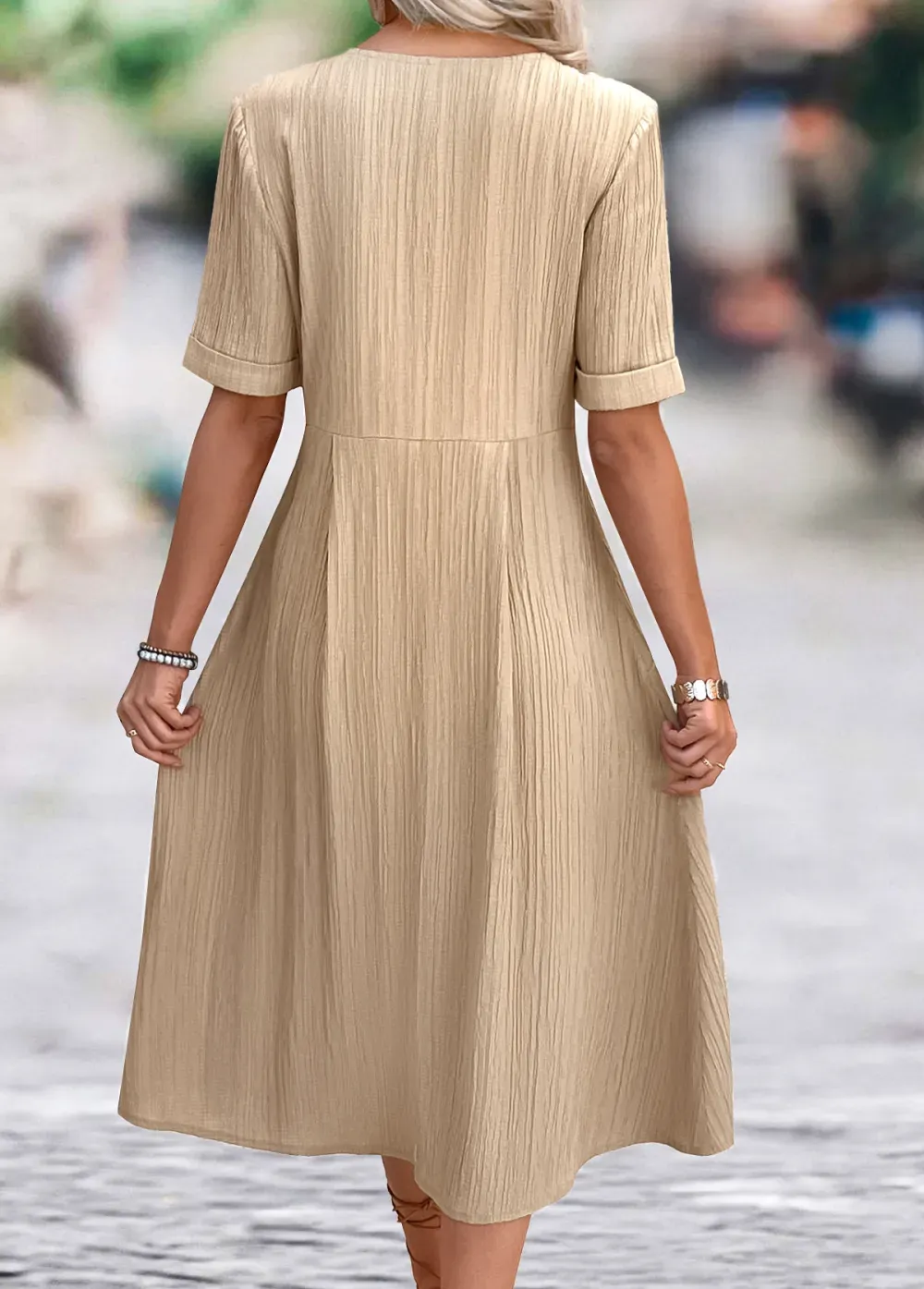 Light Coffee A Line Short Sleeve V Neck Dress