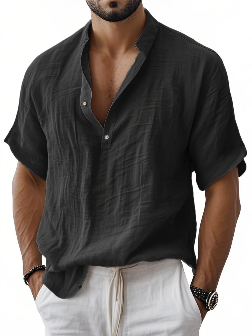 Men's Breathable Linen Henley Button Short Sleeve T-Shirt Henley Shirt