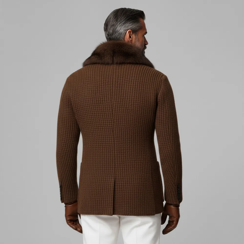 Men's Brown Furry Collar Double Breasted Long Sleeve Patch Pocket Knit Sweater Coat