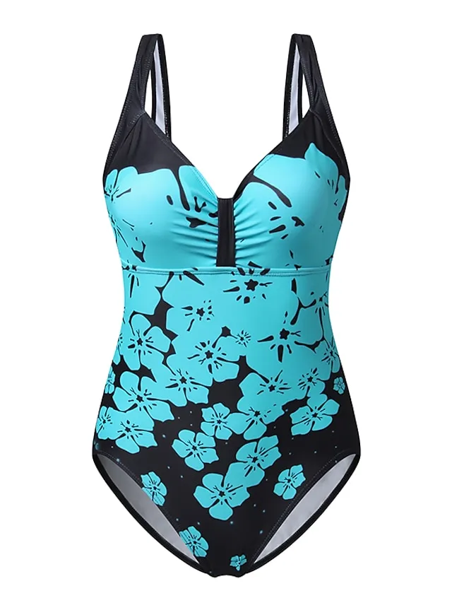 Women's Swimwear One Piece Monokini Bathing Suits Normal Swimsuit Floral Floral Print Navy Blue Blue Fuchsia Green Padded Strap Bathing Suits Sports Vacation Beach Wear