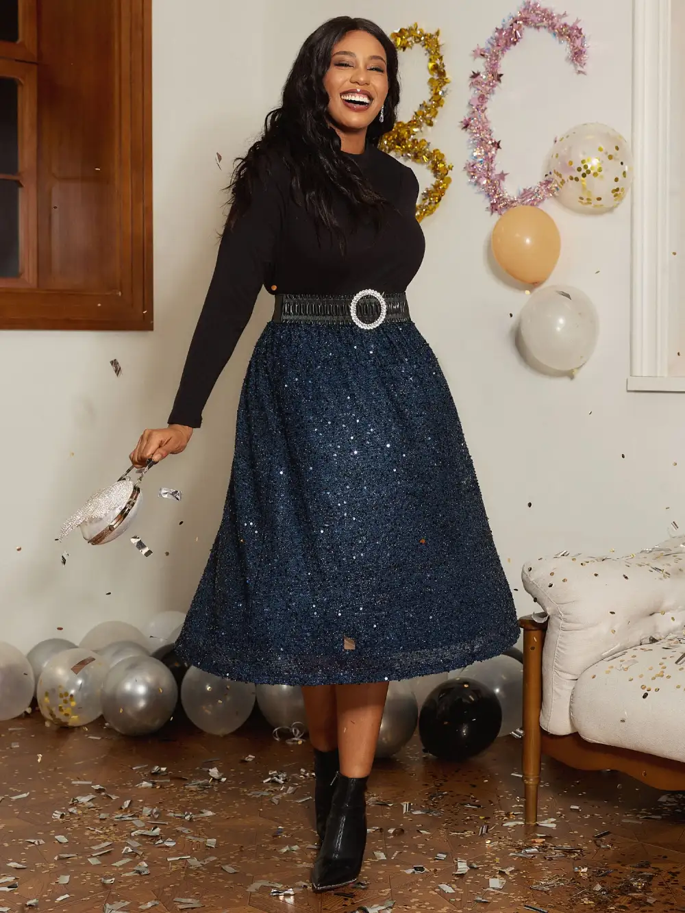 Shimmery Sequin Shirred Waist Midi Skirt