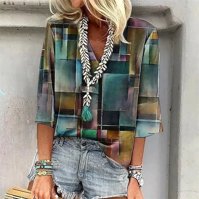 Women's T Shirt Summer Tops Color Gradient Fashion Modern 3/4 Length Sleeve V Neck Regular Tops Daily Print Yellow Pink Blue Summer