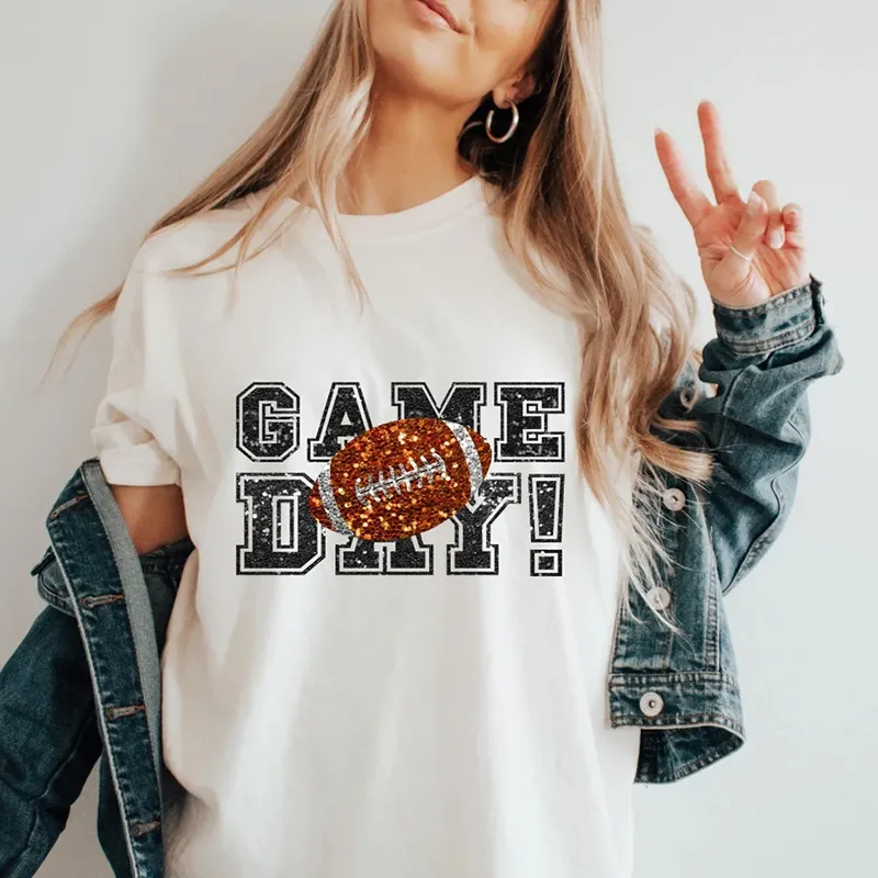 Women's Football Game Day Print Round Neck Short Sleeved T-shirt
