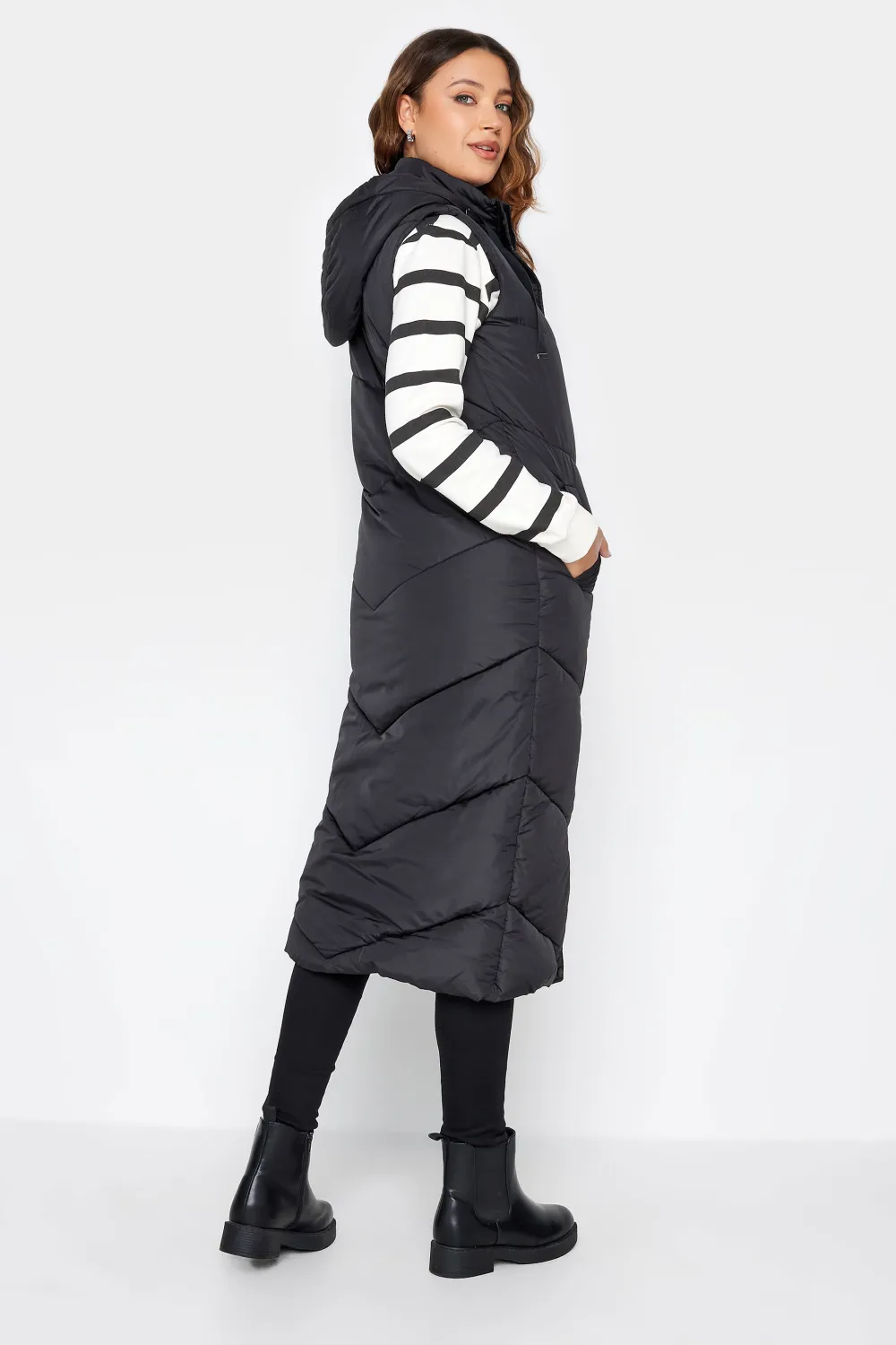 LTS Tall Black Quilted Longline Hooded Gilet