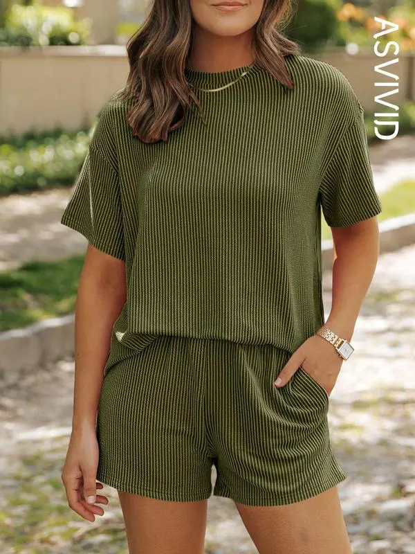 Women’s Twisted Ribbed Knit Shorts Set – Textured Pocket Tee & Elastic Waist Shorts, Casual Summer Outfit