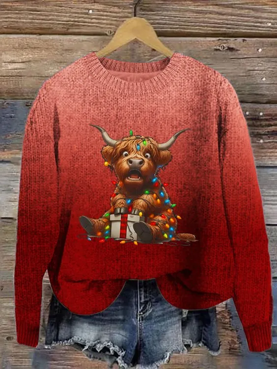 Women's Cute Highland Cow Print Knitted Crew Neck Sweater