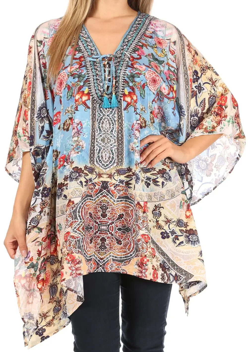 Women's Caftan Poncho Cover up V neck Top Lace up With Rhinestone