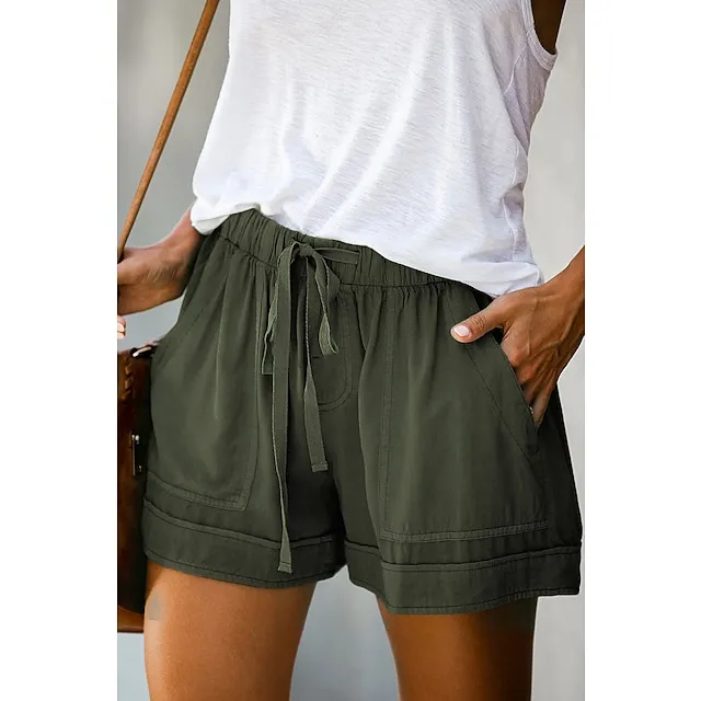 Women‘s Shorts Drawstring Pocket Plain Daily Regular Summer Green Black Pink Orange Red
