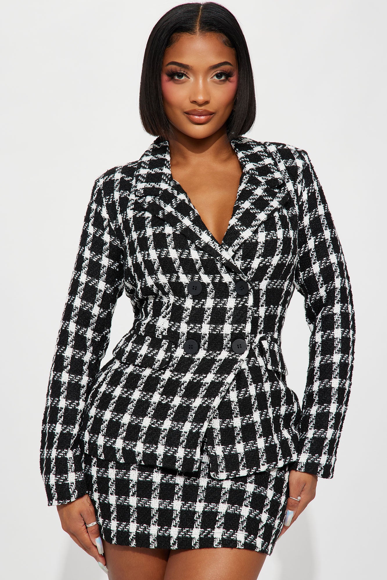 Main Attraction Tweed Blazer Skirt Set - Black/White