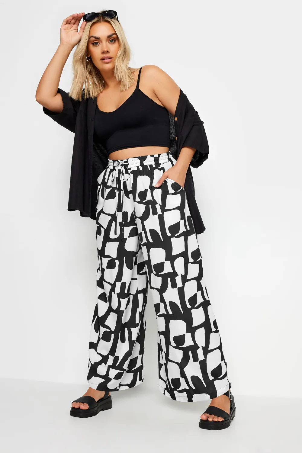 YOURS Curve Blue Abstract Print Drawstring Wide Leg Trousers