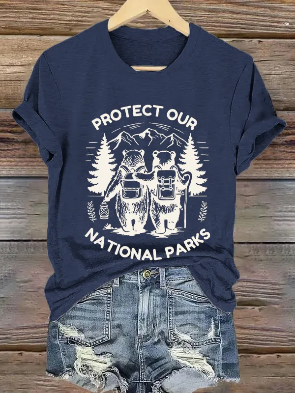Women'S T-Shirt Vintage Protect Our National Park Printed T-Shirt Pure Cotton Crew-Neck Short Sleeve