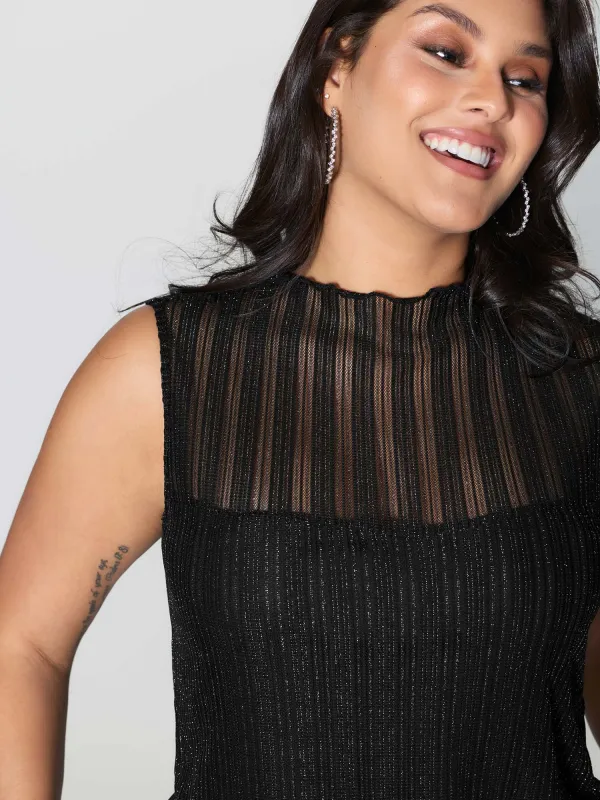 Lurex Sheer Neckline Lined Tank Top