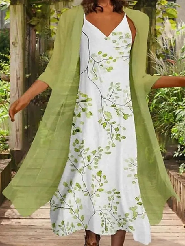 Women's Casual Dress Dress Set Two Piece Dress Long Dress Maxi Dress Blue Purple Green 3/4 Length Sleeve Floral Print Summer Spring V Neck Casual Loose Fit 2023 M L XL XXL 3XL