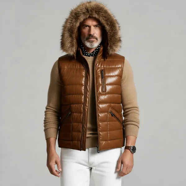 Men's Brown Zipper Pockets Sleeveless Furry Trim Hooded Quilted PU Leather Vest
